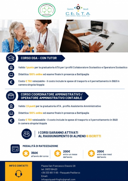 Corsi OSA e amministrativi validi per la graduatoria ATA: formazione online con esame finale